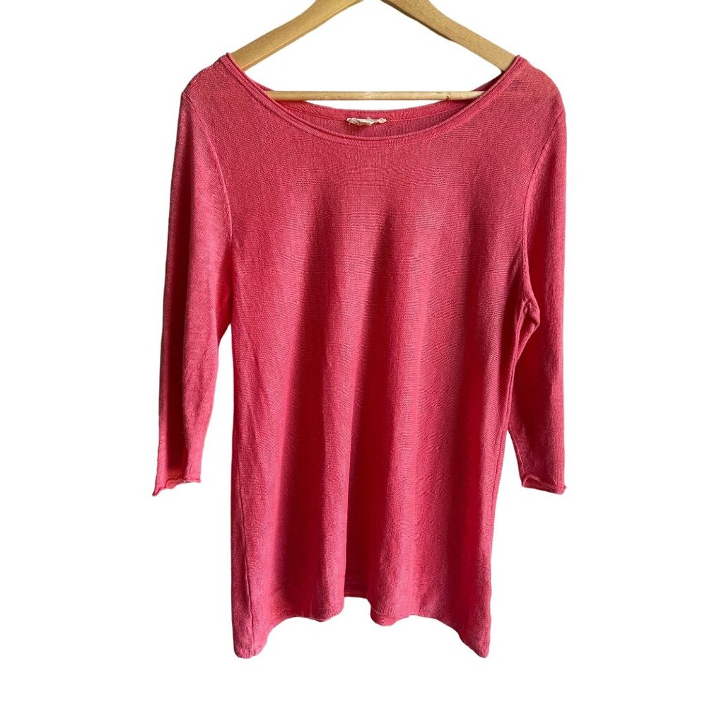Eileen Fisher Women's Size Large Pink 100% Linen Pullover Knit Top 3/4 Sleeve